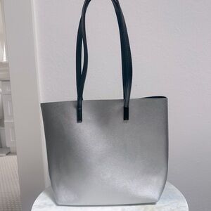 Nordstrom Leather Small Tote Silver with Black Straps & Black Suede Interior EUC